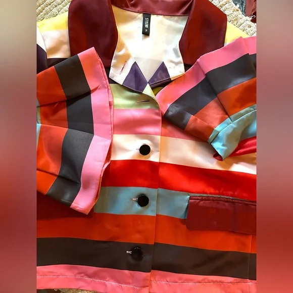 Striped Multicolor Women's satin Jacket Stylewe w real pockets size XL boxy fit - Picture 7 of 8